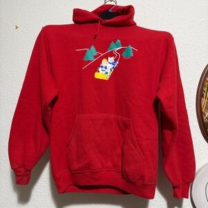 Vintage 80s women's L Sledding Christmas Cats‎ Hoodie Sweatshirt Red Pullover